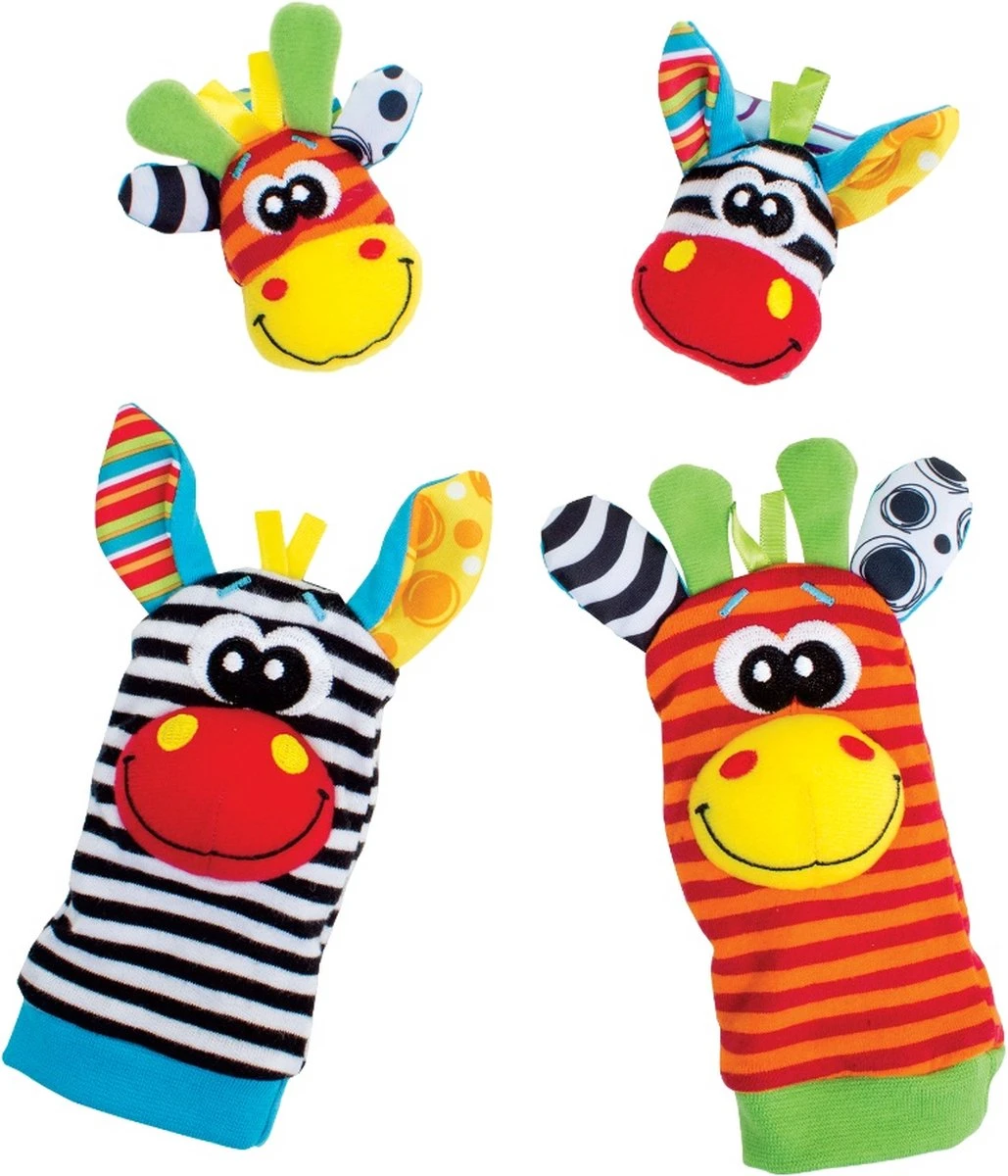 Playgro Pols- En Voetrammelaarset Zebra & Giraf - Set Van 4 Stuks, 2 Polsbandjes En 2 Rammelsokjes 3 Playgro Pols- En Voetrammelaarset Zebra & Giraf - Set Van 4 Stuks, 2 Polsbandjes En 2 Rammelsokjes