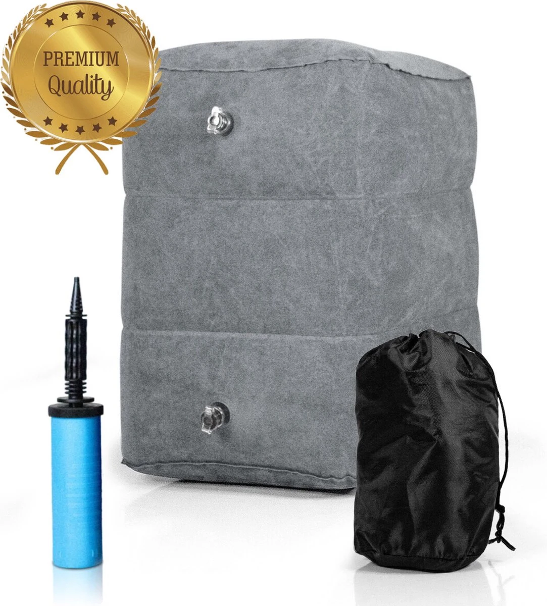 Merkloos Voetensteun - Vliegtuigbedje - Premium Quality - Reisbedje - 3 Hoogtestanden - Vliegtuig Kussen - Voetenbankje Of Poef - Met Opbergzakje & Pomp - Grijs