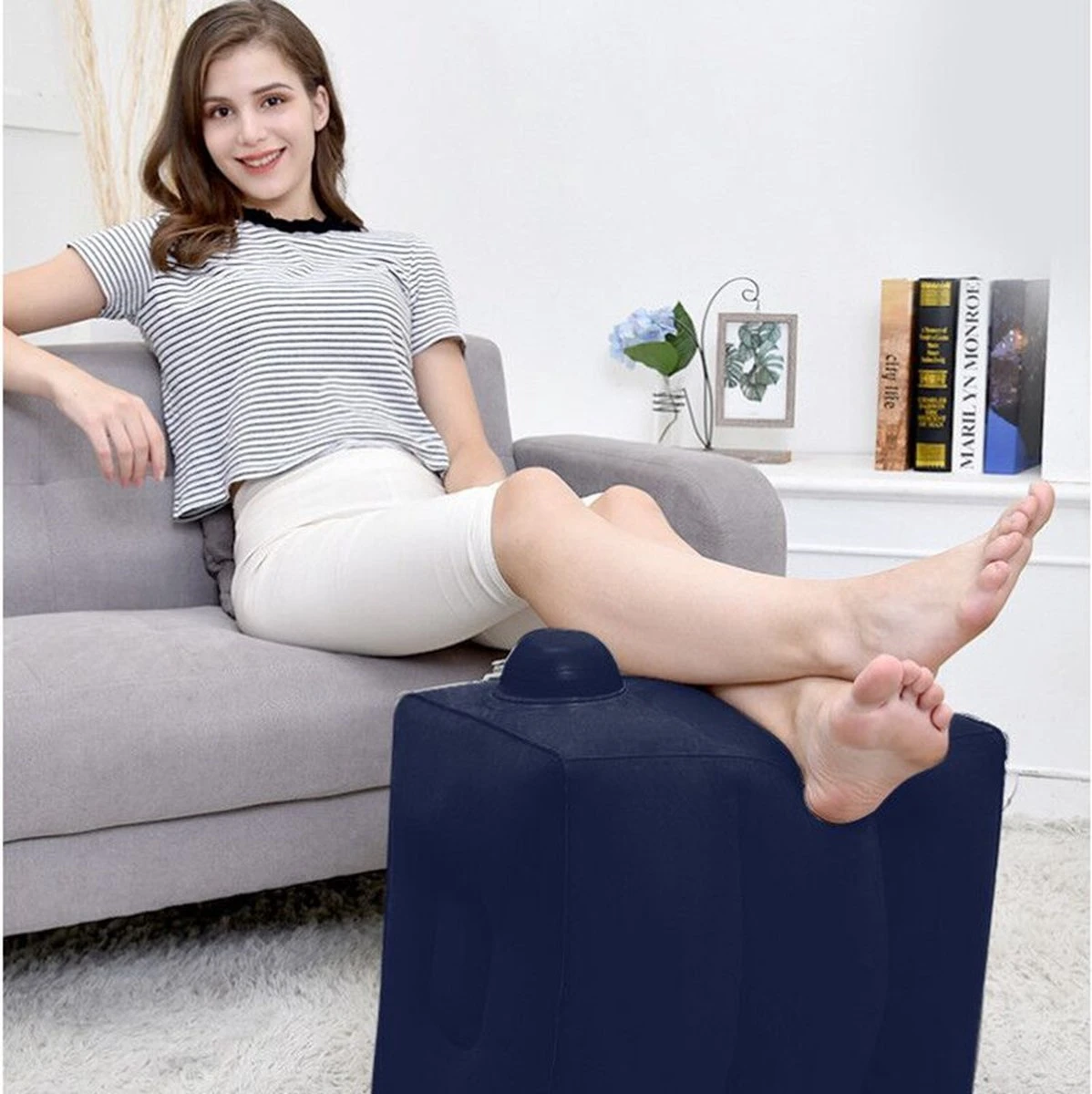 TDR-Opblaasbaar Voetkussen - 3 Hoogtestanden - Vliegtuigbedje - Blauw 4 TDR-Opblaasbaar Voetkussen - 3 Hoogtestanden - Vliegtuigbedje - Blauw - Afbeelding 2