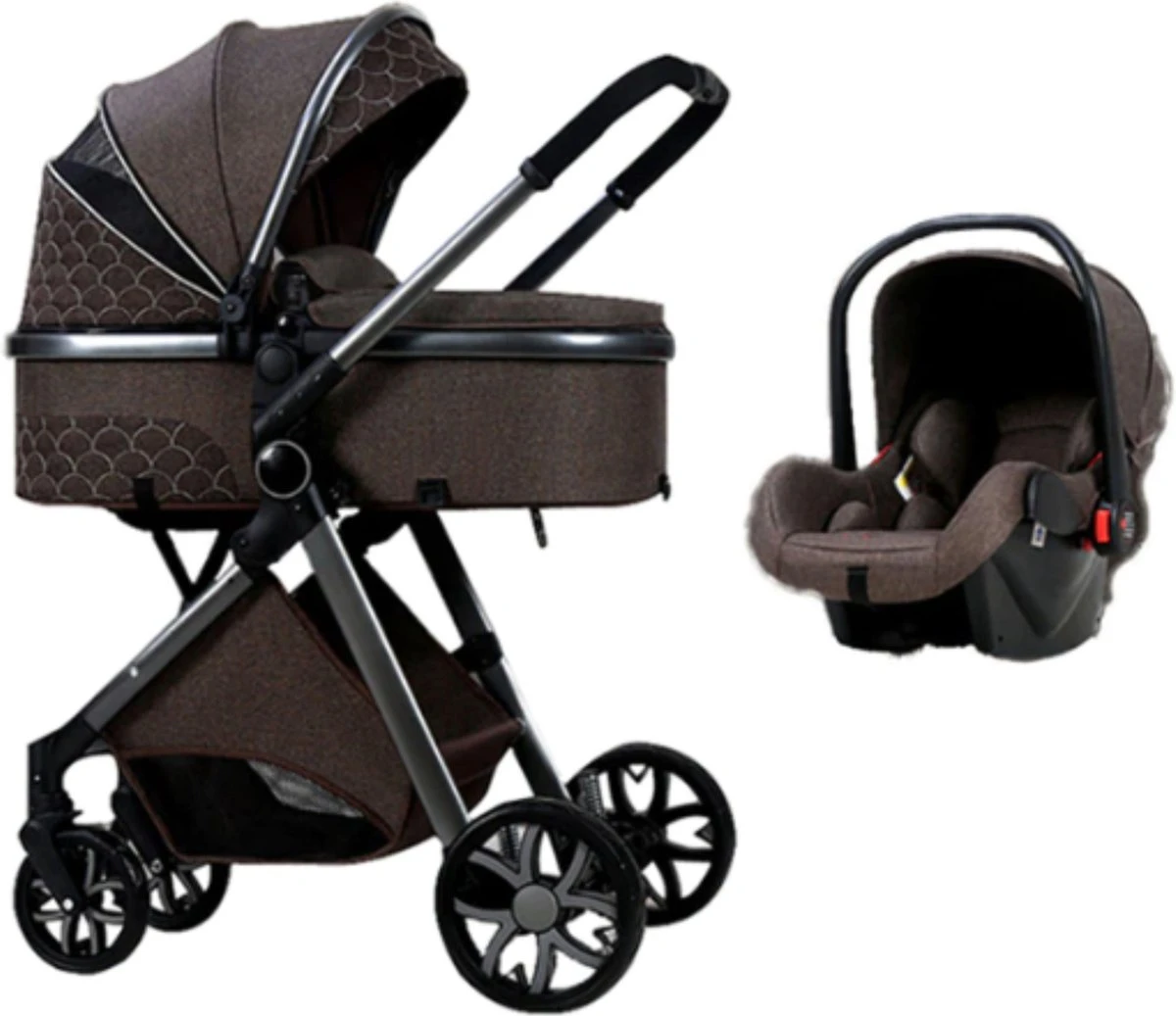 Merkloos Kinderwagen 3-in-1 – Luxe Kinderwagen - Buggy – Wandelwagen - Multifunctioneel – Opklapbaar – Incl Autostoel – Donkerbruin 8 Merkloos Kinderwagen 3-in-1 – Luxe Kinderwagen - Buggy – Wandelwagen - Multifunctioneel – Opklapbaar – Incl Autostoel – Donkerbruin - Afbeelding 6