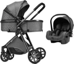 Merkloos Kinderwagen 3-in-1 – Luxe Kinderwagen - Buggy – Wandelwagen - Multifunctioneel – Opklapbaar – Incl Autostoel – Donkergrijs -Babyproducten Serie Winkel 1200x1041 1