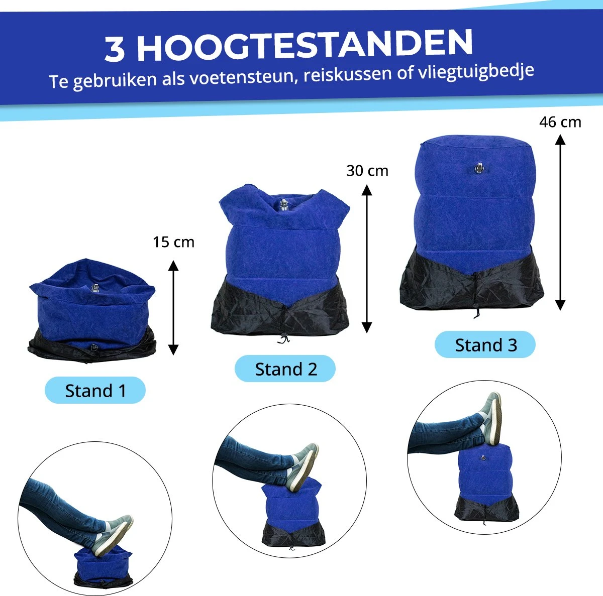 Merkloos Voetensteun - Vliegtuigbedje - Premium Quality - Reisbedje - 3 Hoogtestanden - Vliegtuig Kussen - Voetenbankje Of Poef - Met Opbergzakje & Pomp - Blauw 5 Merkloos Voetensteun - Vliegtuigbedje - Premium Quality - Reisbedje - 3 Hoogtestanden - Vliegtuig Kussen - Voetenbankje Of Poef - Met Opbergzakje & Pomp - Blauw - Afbeelding 3