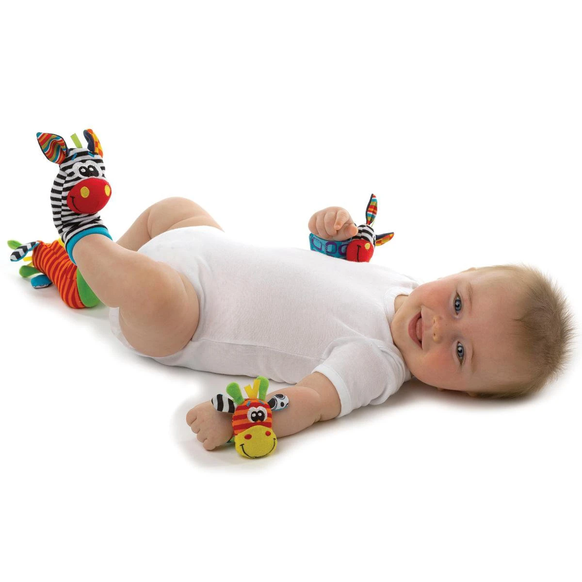 Playgro Pols- En Voetrammelaarset Zebra & Giraf - Set Van 4 Stuks, 2 Polsbandjes En 2 Rammelsokjes 7 Playgro Pols- En Voetrammelaarset Zebra & Giraf - Set Van 4 Stuks, 2 Polsbandjes En 2 Rammelsokjes - Afbeelding 5