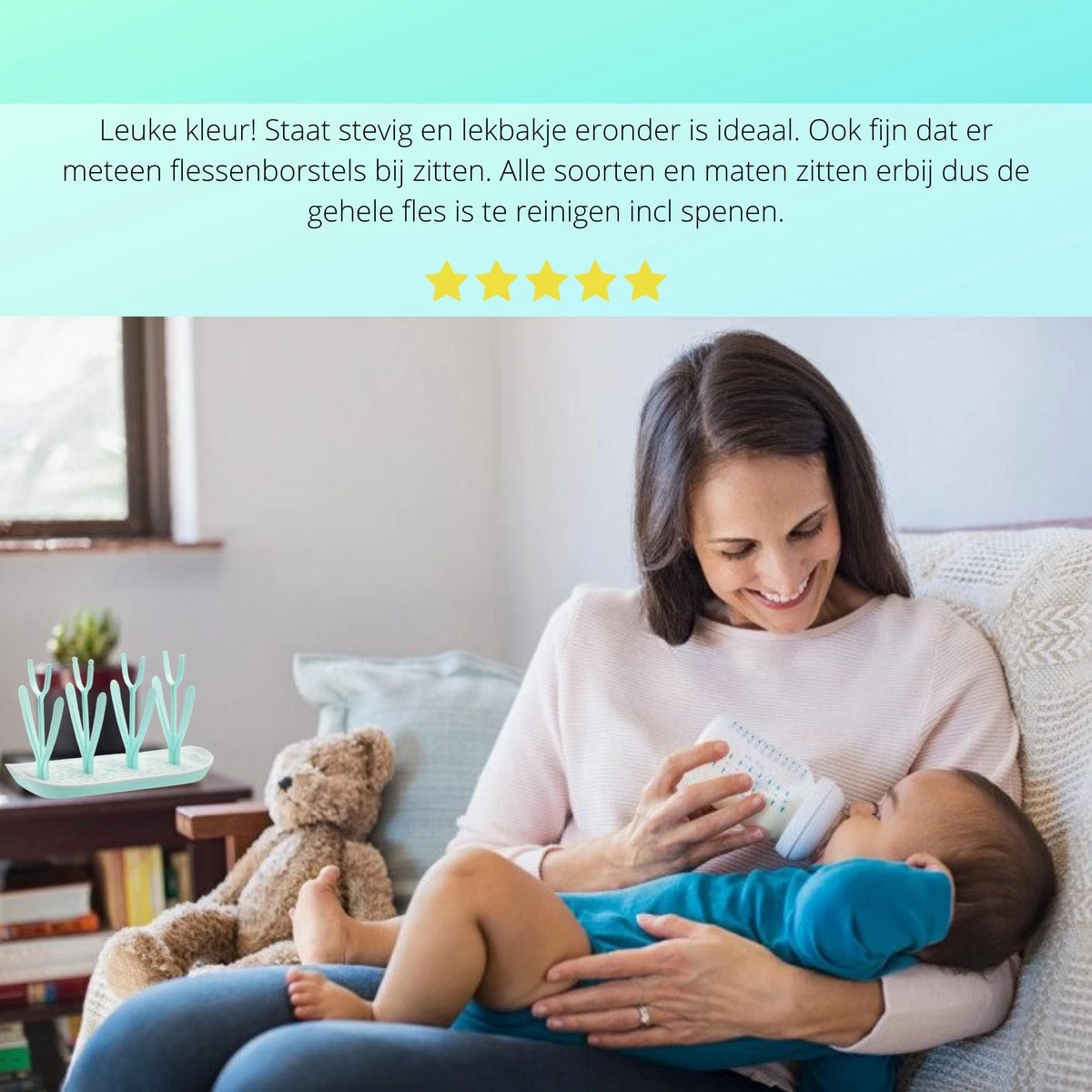 Flessen Droogrek Inclusief Borstelset - Afdruiprek Babyflessen Met Flessenborstels - Flessendroogrek Met Lekbak - Mint 5 Flessen Droogrek Inclusief Borstelset - Afdruiprek Babyflessen Met Flessenborstels - Flessendroogrek Met Lekbak - Mint - Afbeelding 3