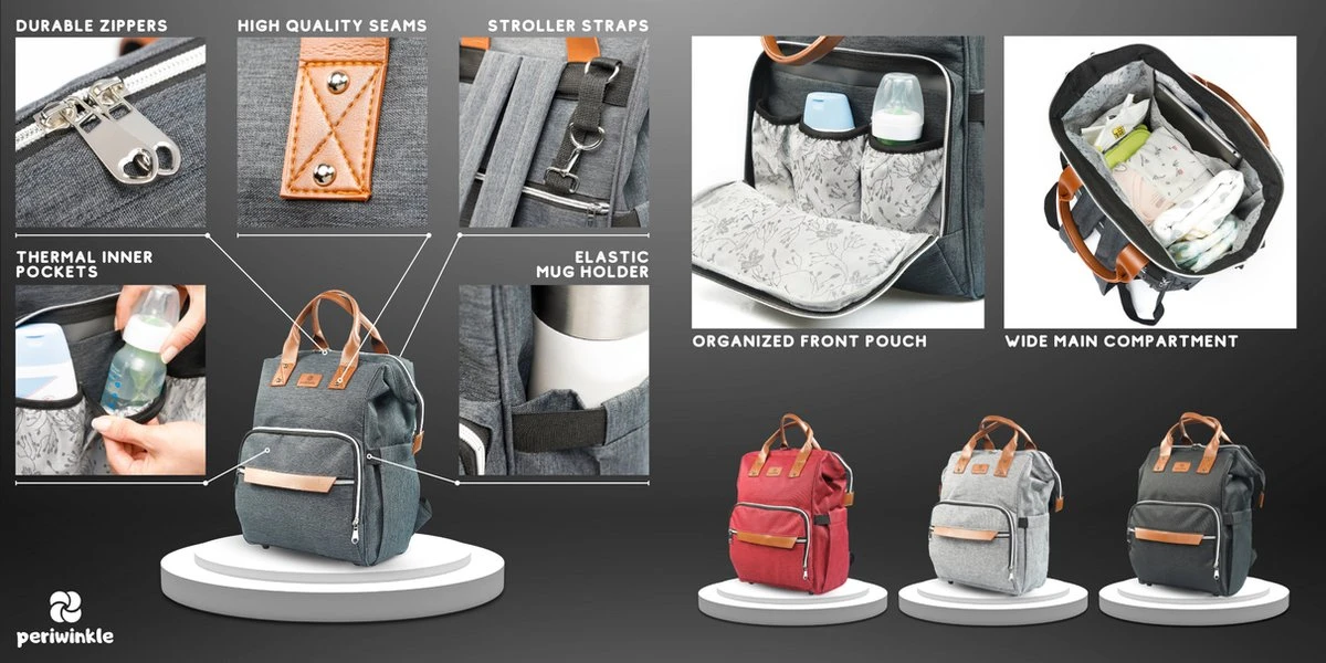 Periwinkle - Luiertassen - Waterproof Baby Verzorgingstas - Baby Rugzak - Luiertas - Verzorgingstas - Linnen - Bordeaux 7 Periwinkle - Luiertassen - Waterproof Baby Verzorgingstas - Baby Rugzak - Luiertas - Verzorgingstas - Linnen - Bordeaux - Afbeelding 5