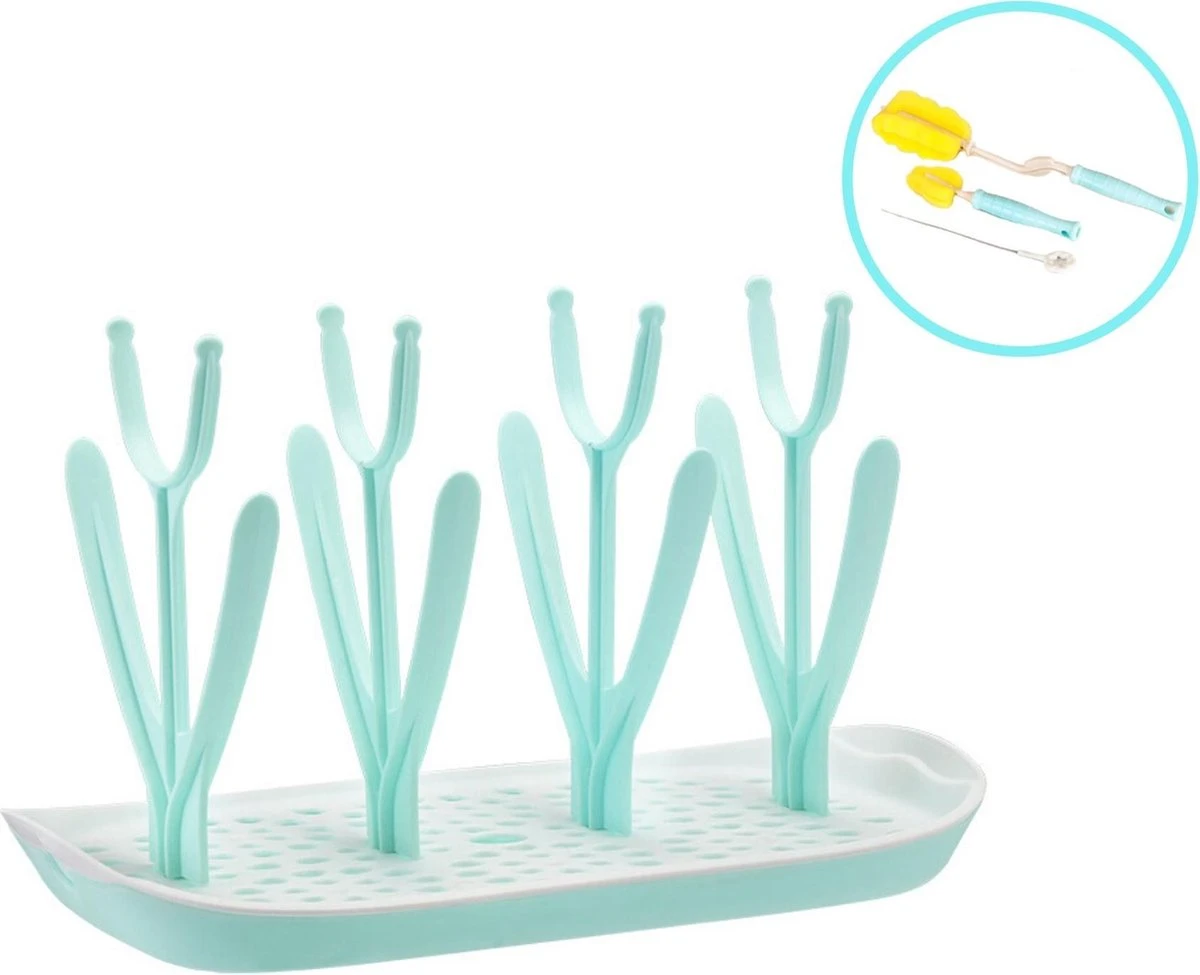 Flessen Droogrek Inclusief Borstelset - Afdruiprek Babyflessen Met Flessenborstels - Flessendroogrek Met Lekbak - Mint 3 Flessen Droogrek Inclusief Borstelset - Afdruiprek Babyflessen Met Flessenborstels - Flessendroogrek Met Lekbak - Mint