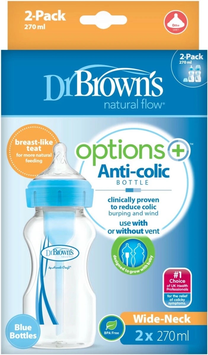 Dr. Brown's Options+ Anti-colic Bottle - Brede Halsfles - 270 Ml - Duopack Blauw 4 Dr. Brown's Options+ Anti-colic Bottle - Brede Halsfles - 270 Ml - Duopack Blauw - Afbeelding 2