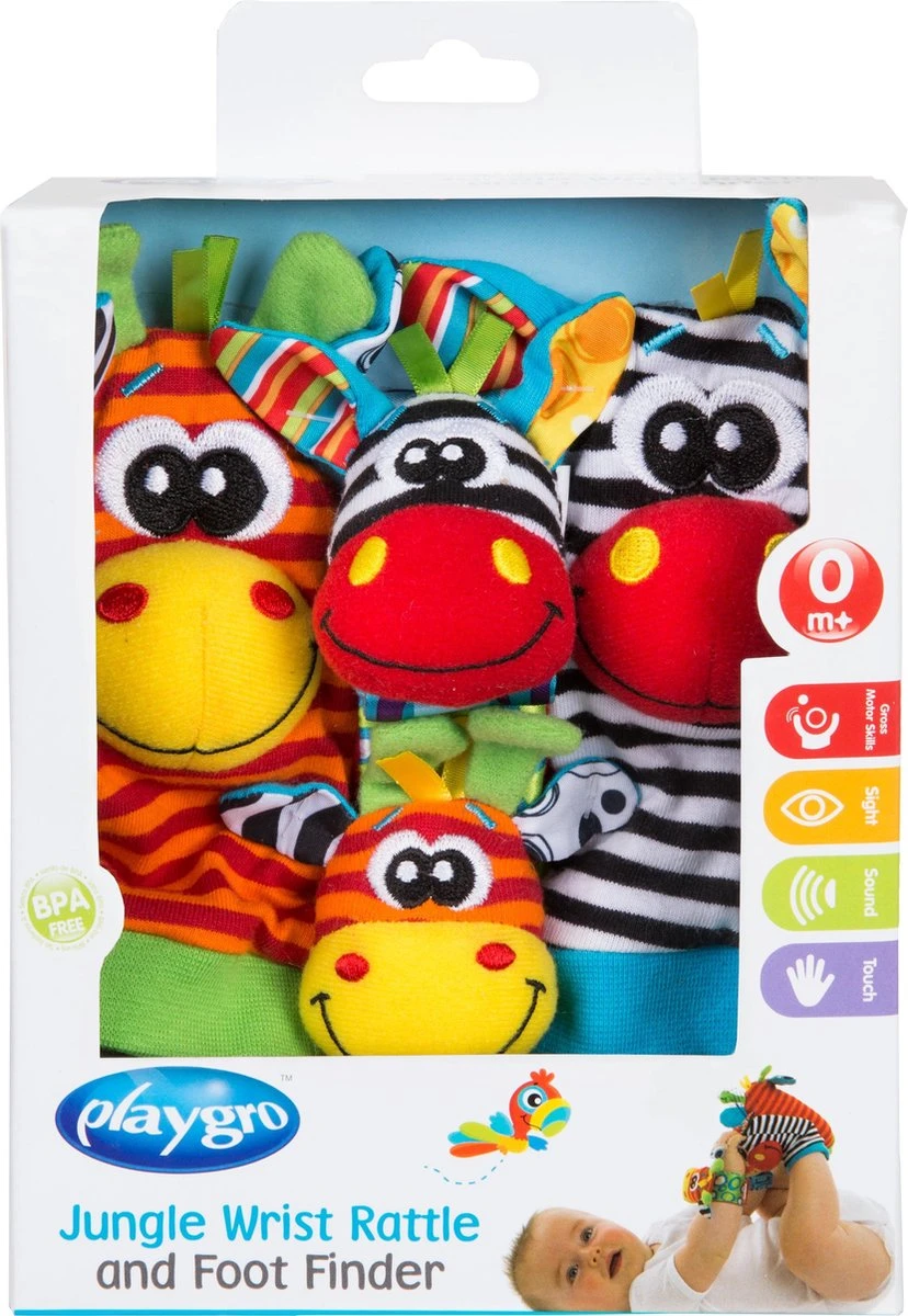 Playgro Pols- En Voetrammelaarset Zebra & Giraf - Set Van 4 Stuks, 2 Polsbandjes En 2 Rammelsokjes 9 Playgro Pols- En Voetrammelaarset Zebra & Giraf - Set Van 4 Stuks, 2 Polsbandjes En 2 Rammelsokjes - Afbeelding 7